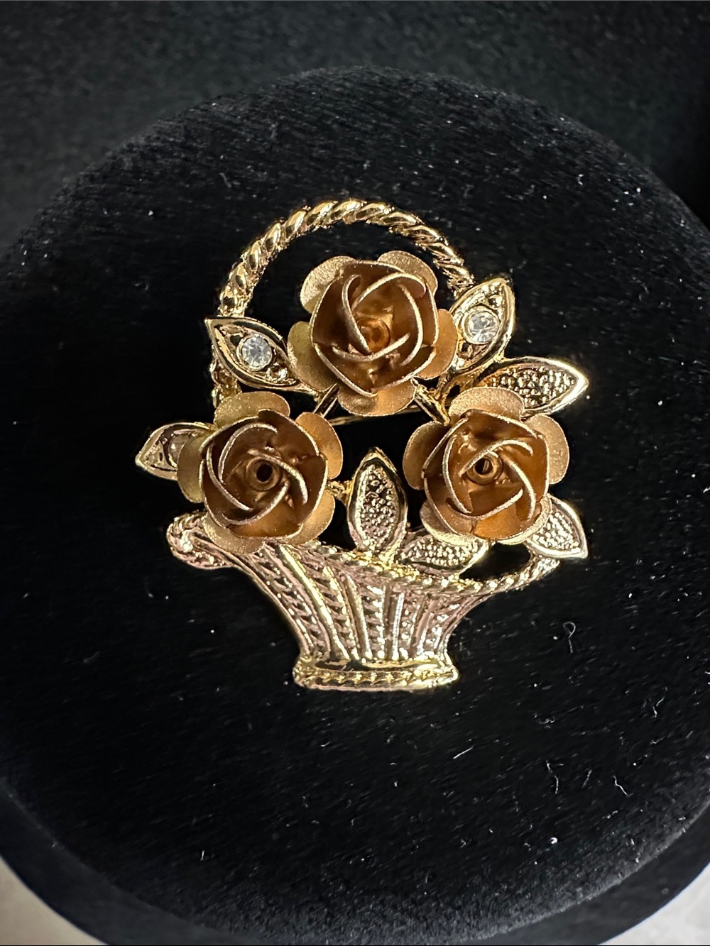 Vintage Gold Tone Flower Basket Brooch Pin With Three Roses and Crystal Accents